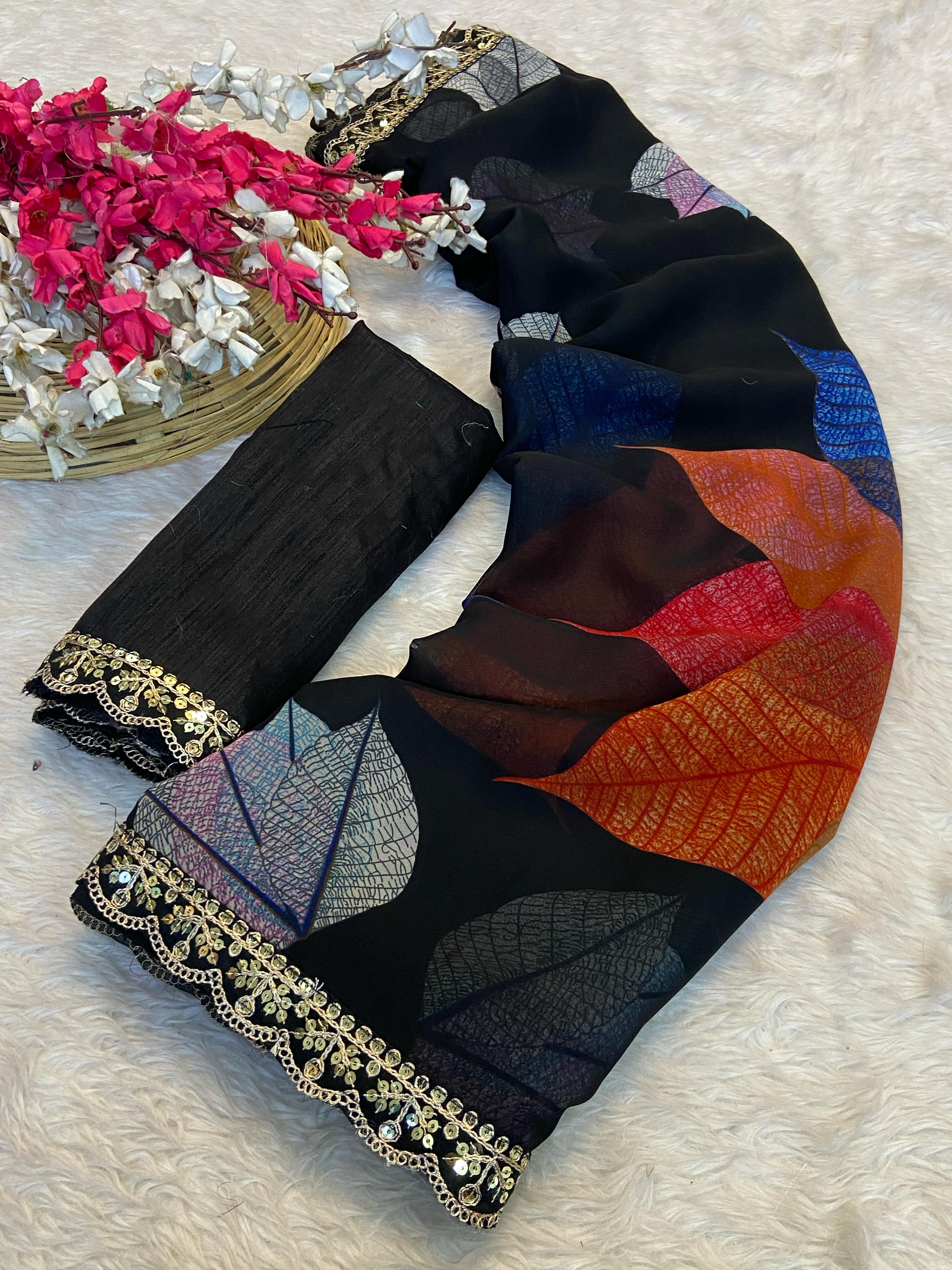 Peachmode Black Georgette Saree with Multicolor Leaf Motifs - Image 5