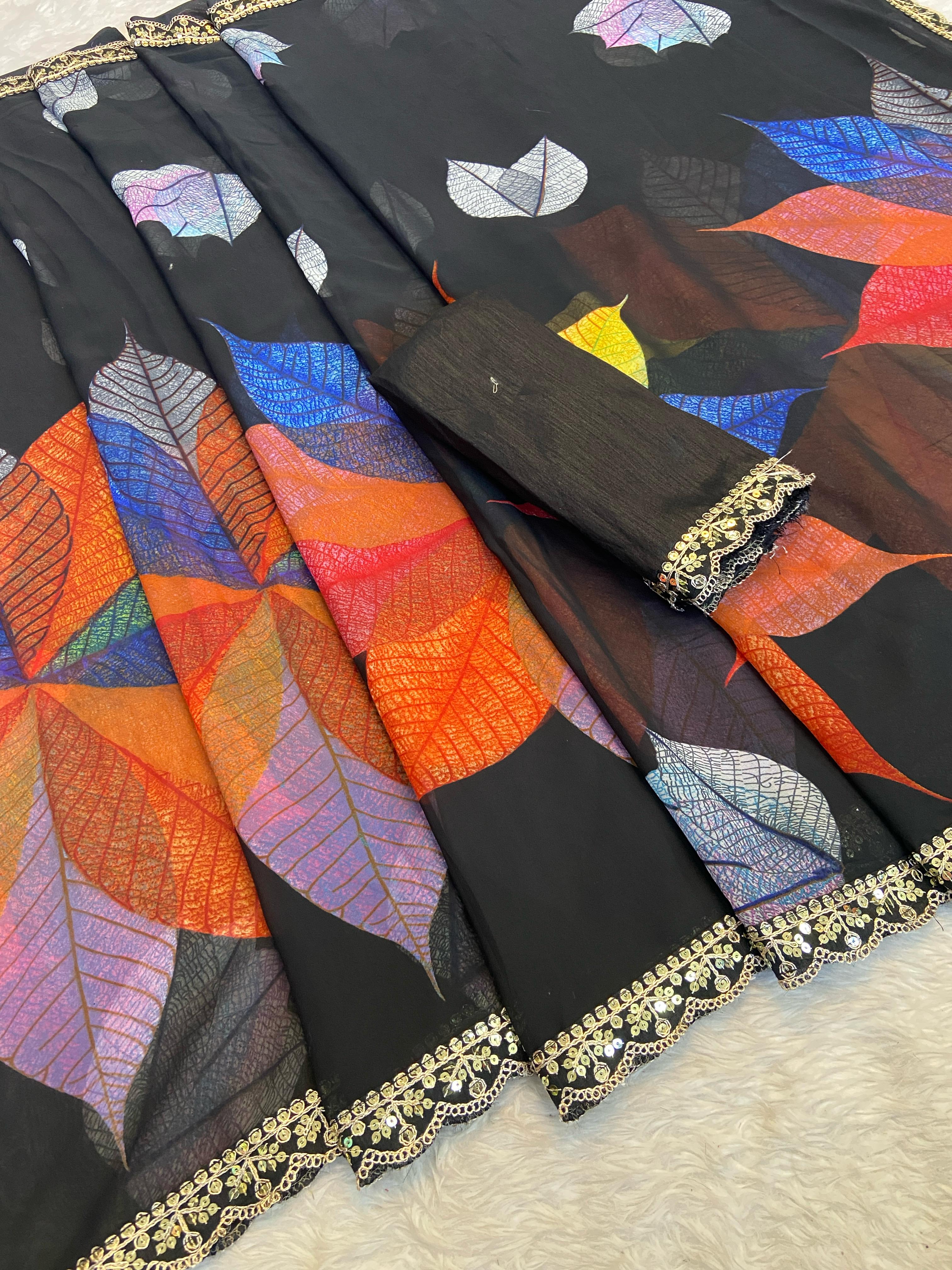 Peachmode Black Georgette Saree with Multicolor Leaf Motifs - Image 6