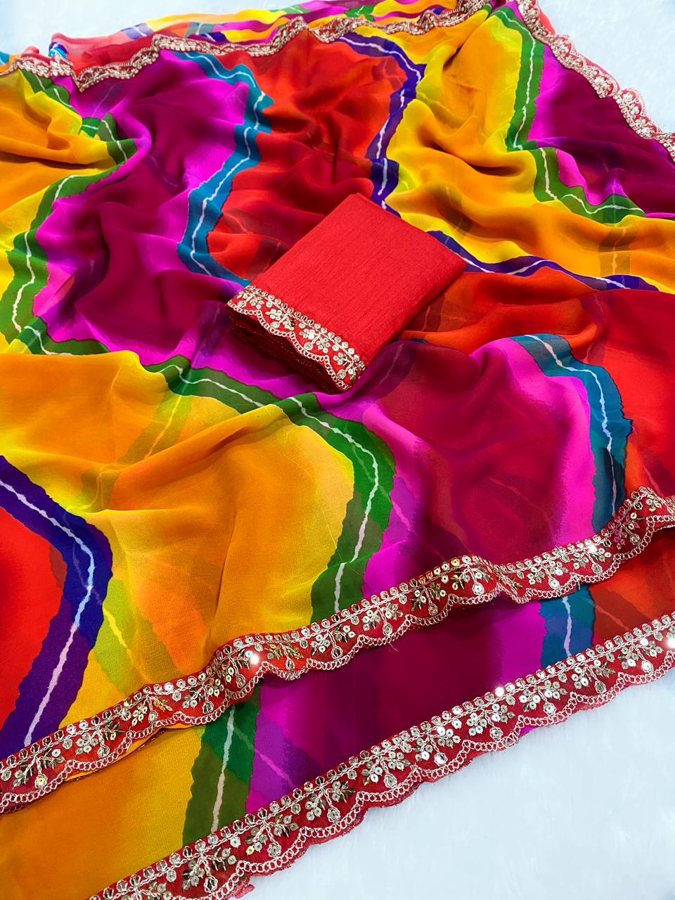 Peachmode Multicolor Georgette Leheriya Print Saree - Image 2