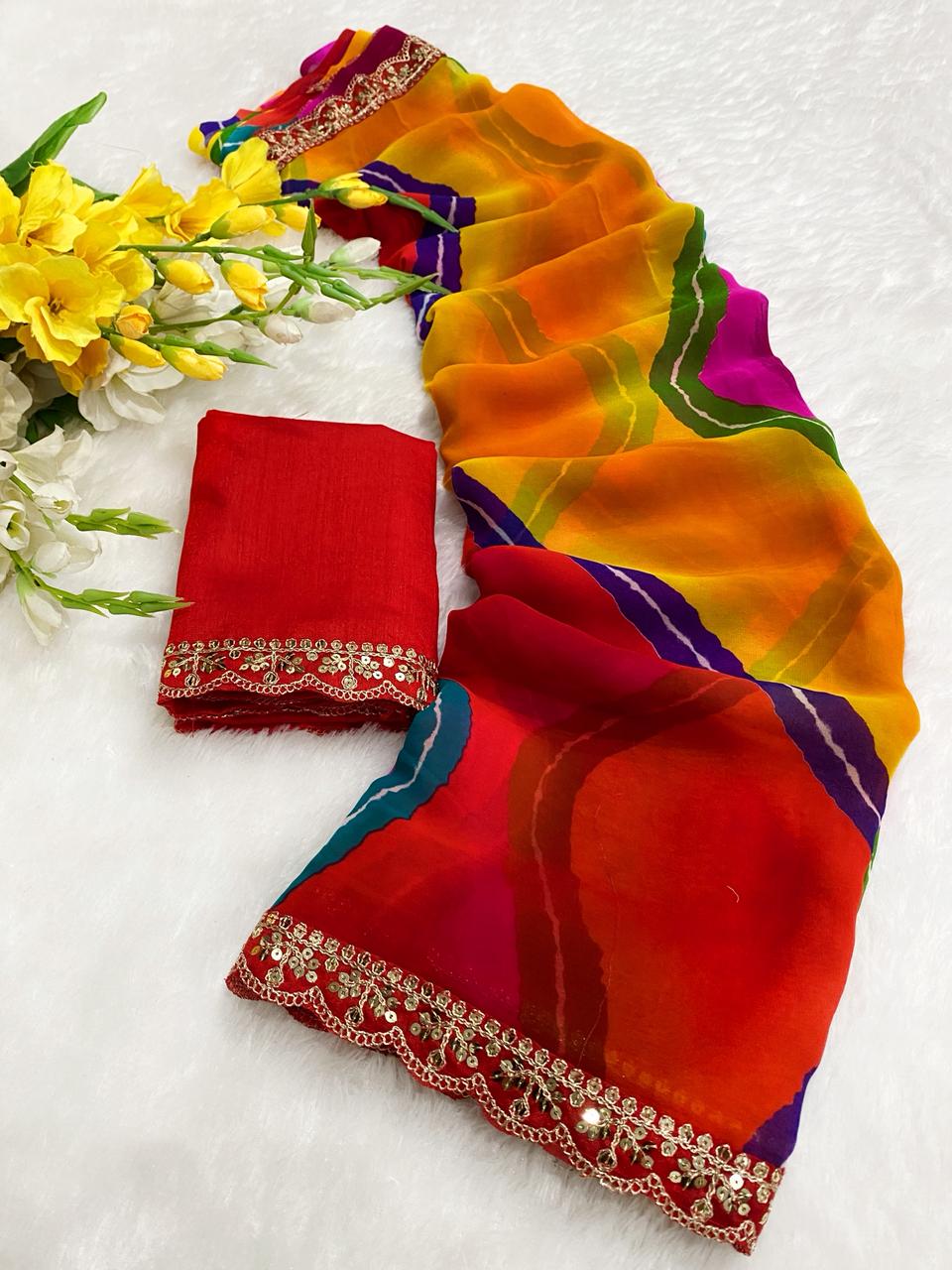 Peachmode Multicolor Georgette Leheriya Print Saree - Image 3