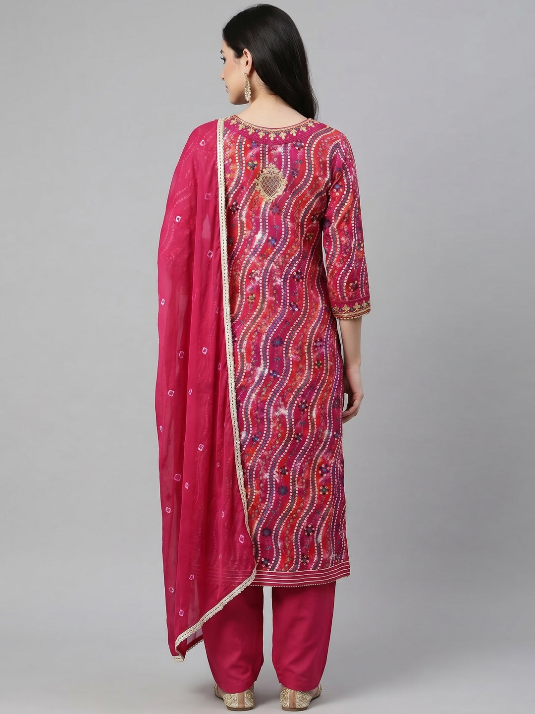 Pink Bandhani Printed With Handwork Pure Cotton Dress Material - Image 3