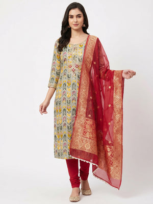 Grey Digital Printed With Handwork Pure Cotton Dress Material - Image 1
