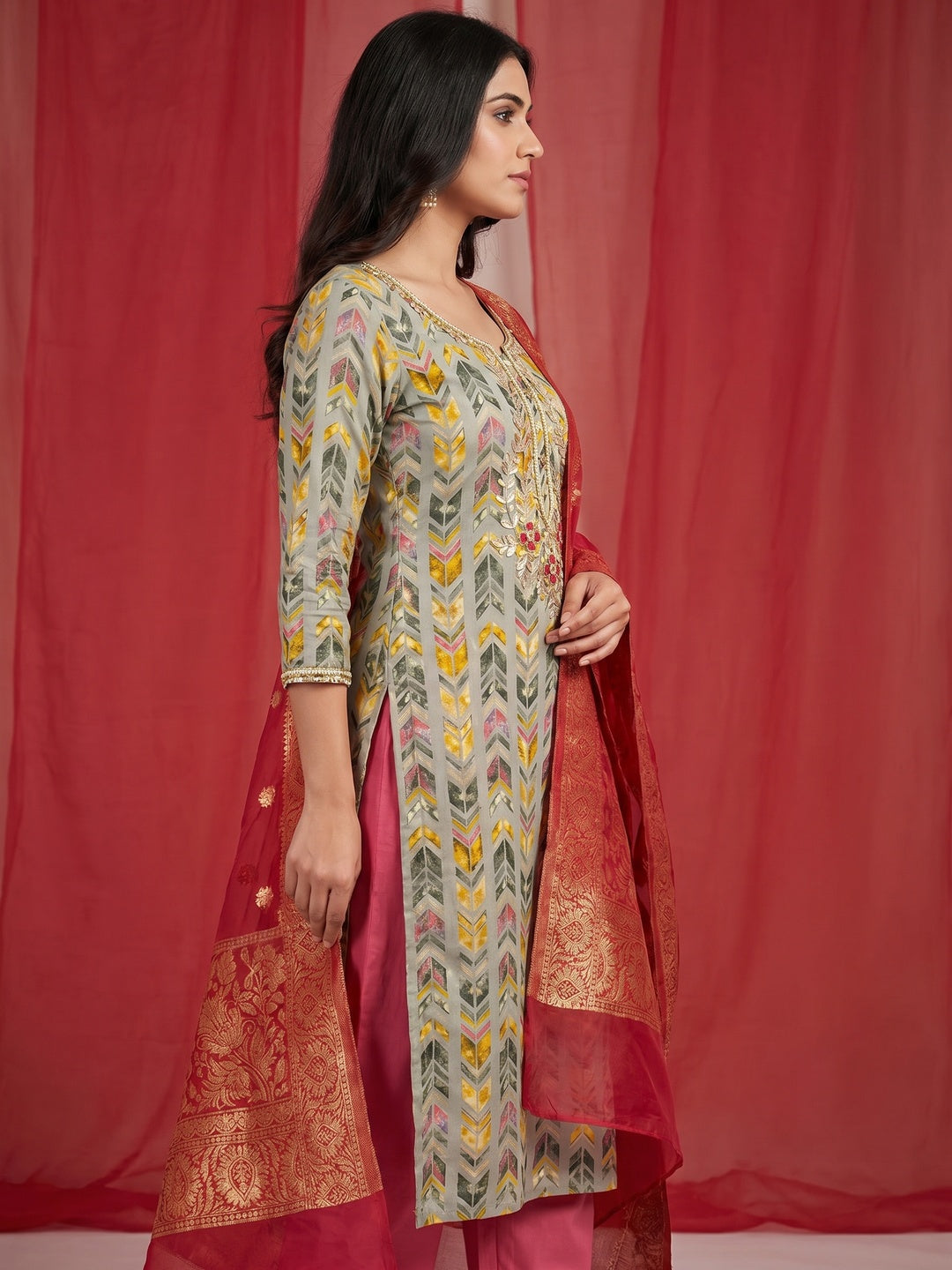 Grey Digital Printed With Handwork Pure Cotton Dress Material - Image 2