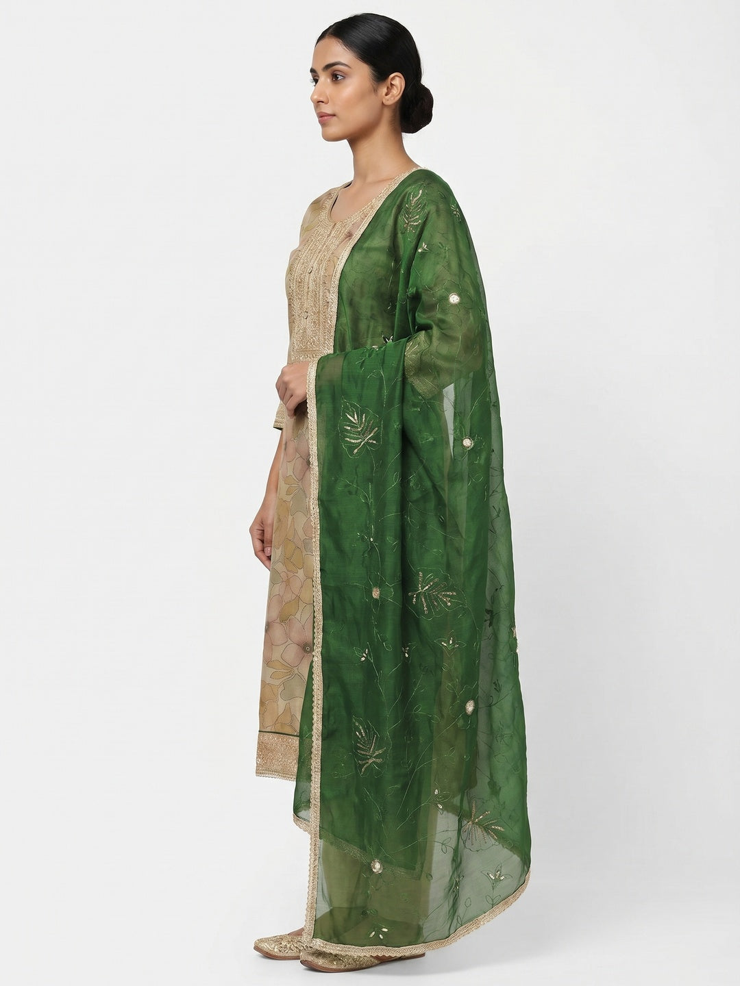 Green Floral Digital Printed Cotton Blend Dress Material - Image 2