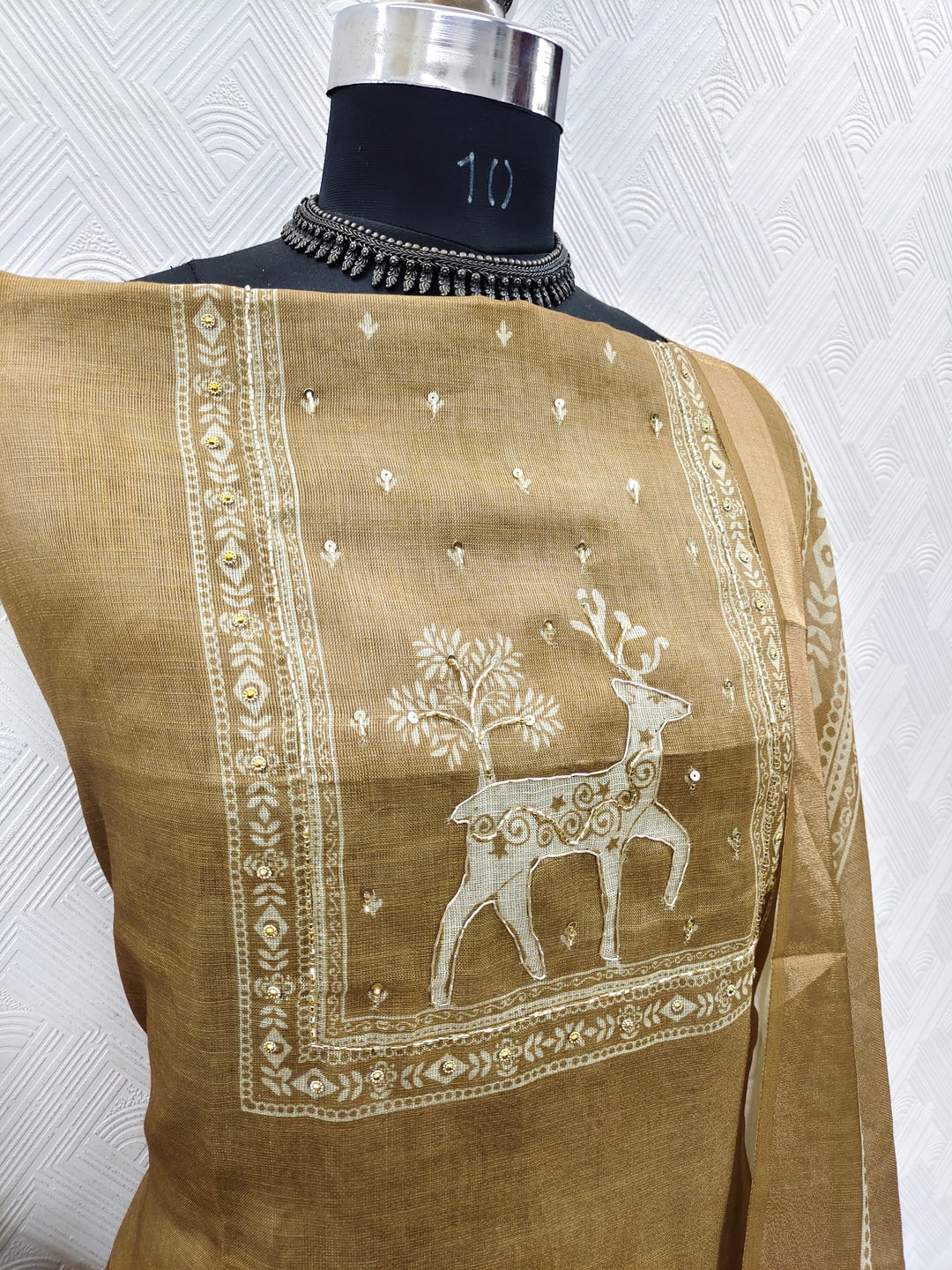 Peachmode Mustard Linen Dress Material with Ethnic Motifs - Image 3