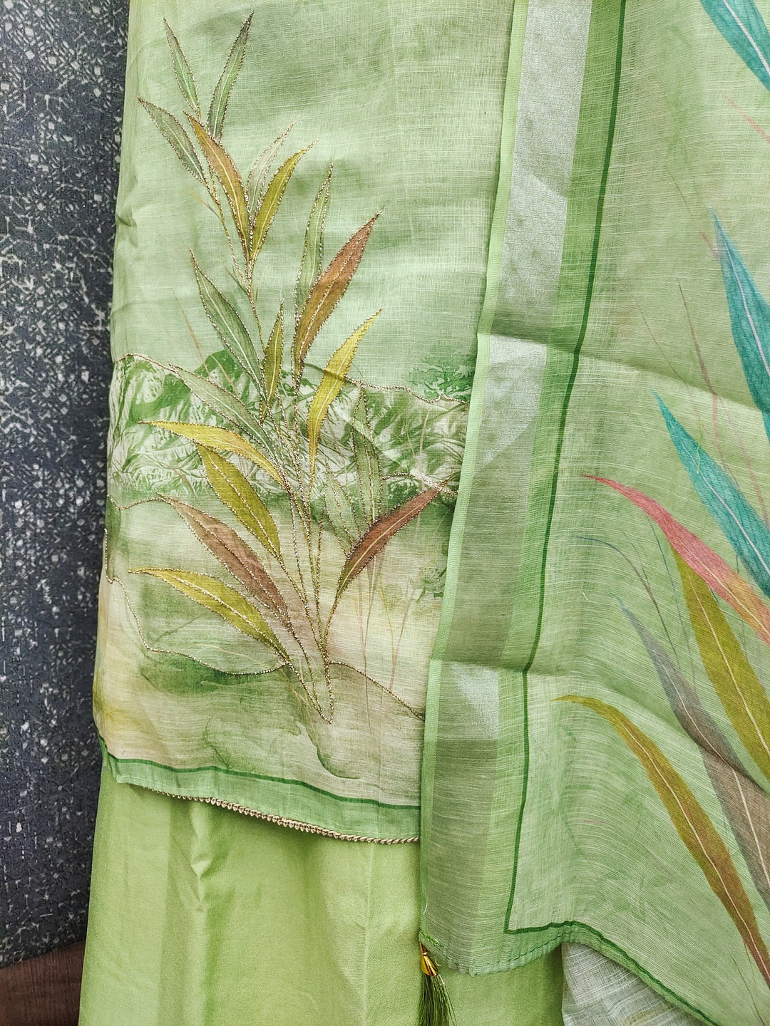 Peachmode Green Linen Dress Material with Floral Print - Image 3