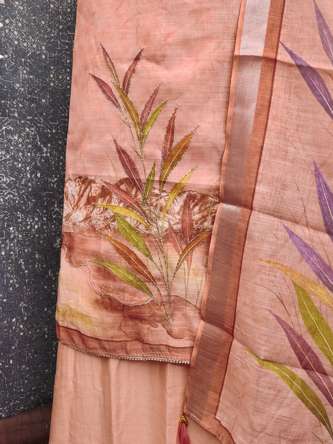 Peachmode Peach Linen Dress Material with Floral Print - Image 3