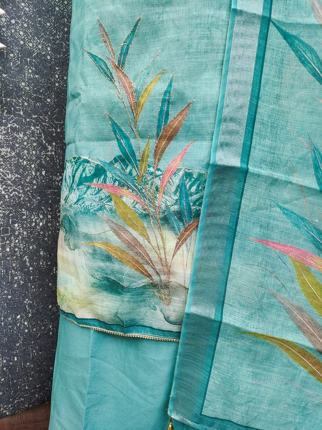 Peachmode Teal Linen Dress Material with Floral Print - Image 3