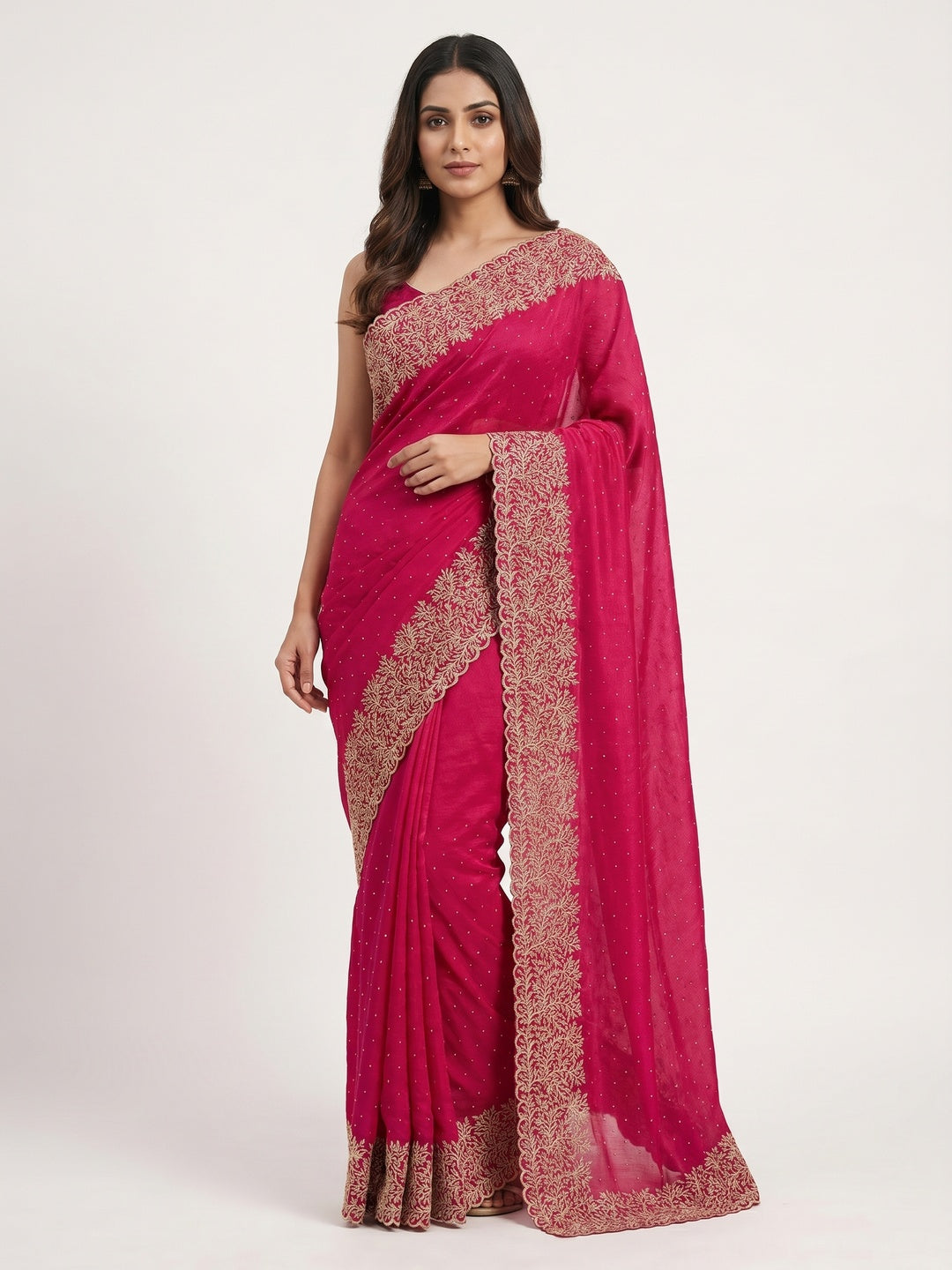 Pink Zari Embroidered With Stonework Vichitra Silk Saree - Image 1
