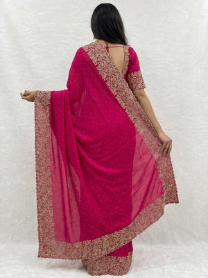 Pink Zari Embroidered With Stonework Vichitra Silk Saree - Image 2