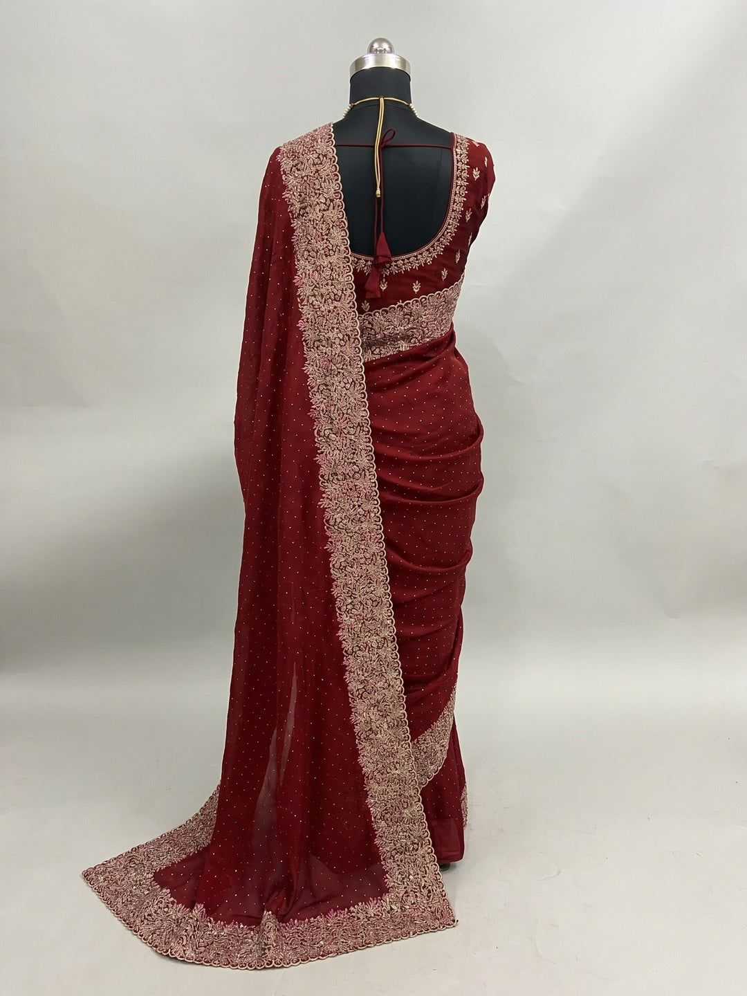 Maroon Zari Embroidered With Stonework Vichitra Silk Saree - Image 2