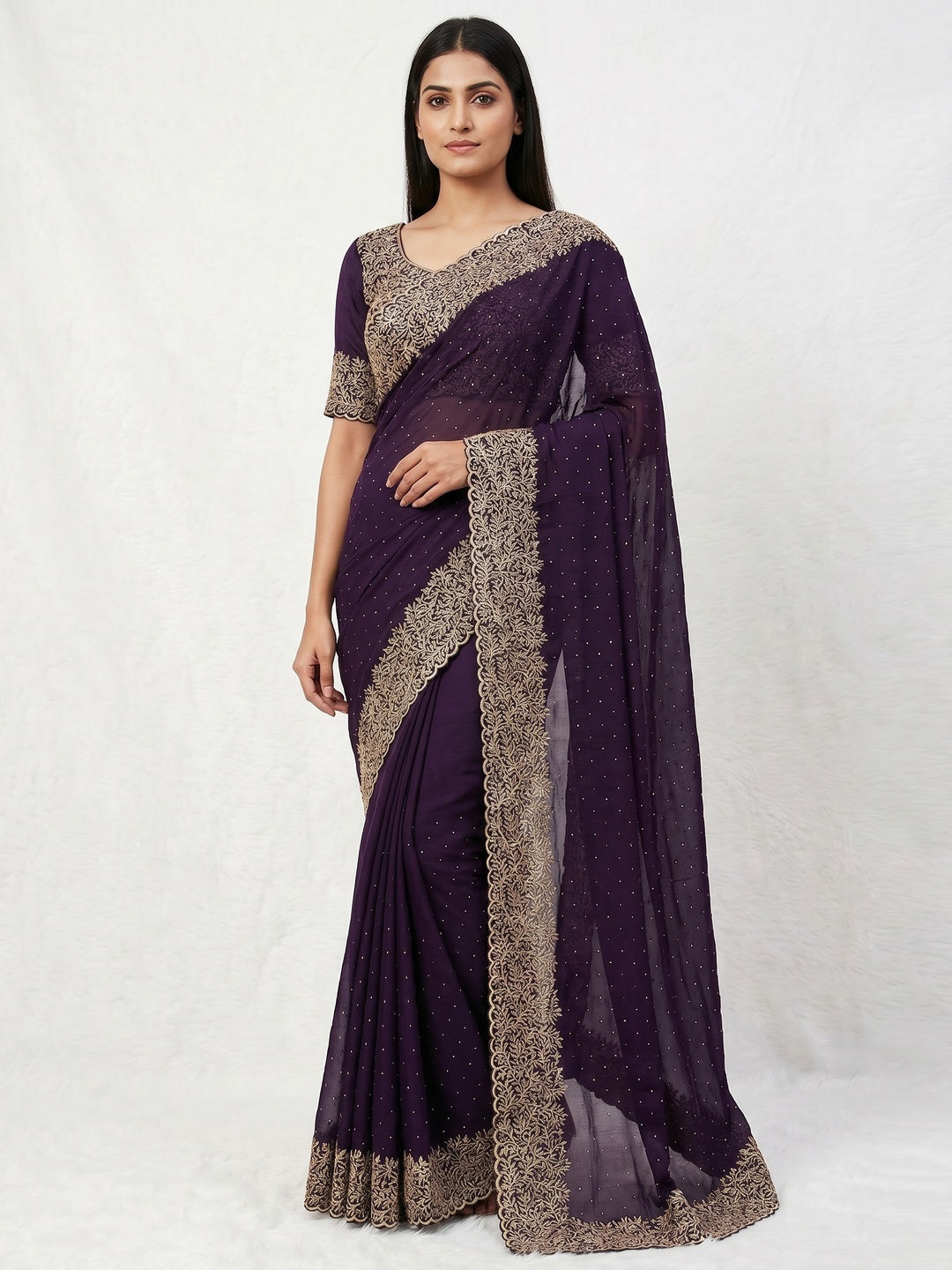 Dark Purple Zari Embroidered With Stonework Vichitra Silk Saree - Image 1