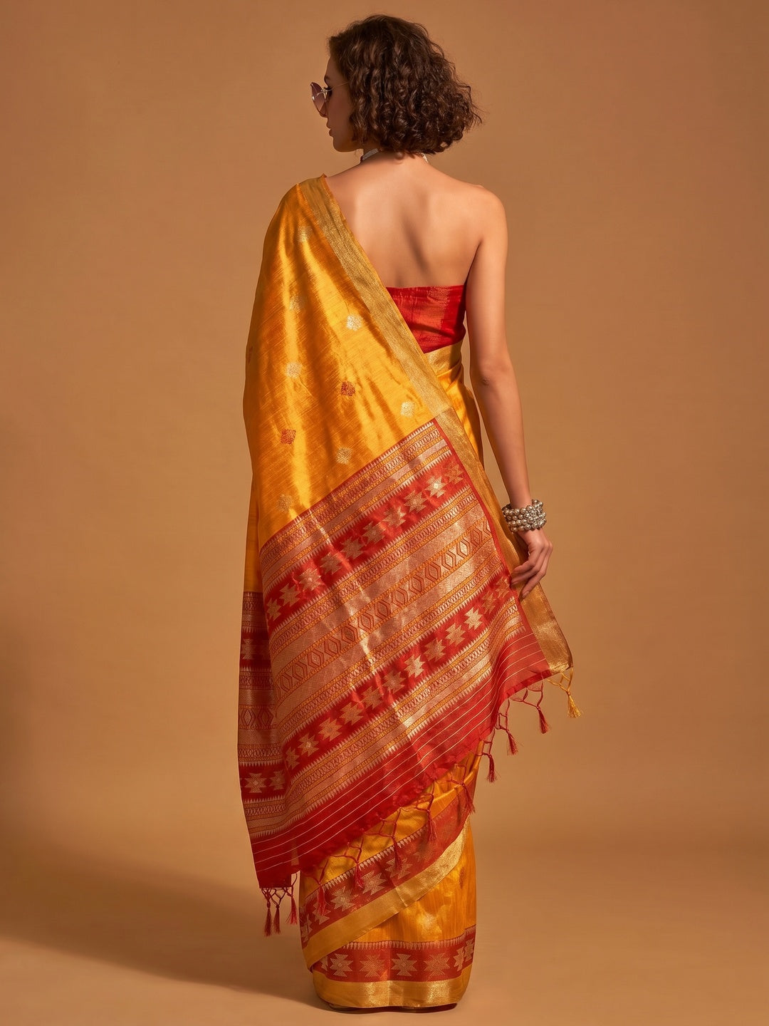 Mustard Woven Art Silk Saree With Tassels - Image 1
