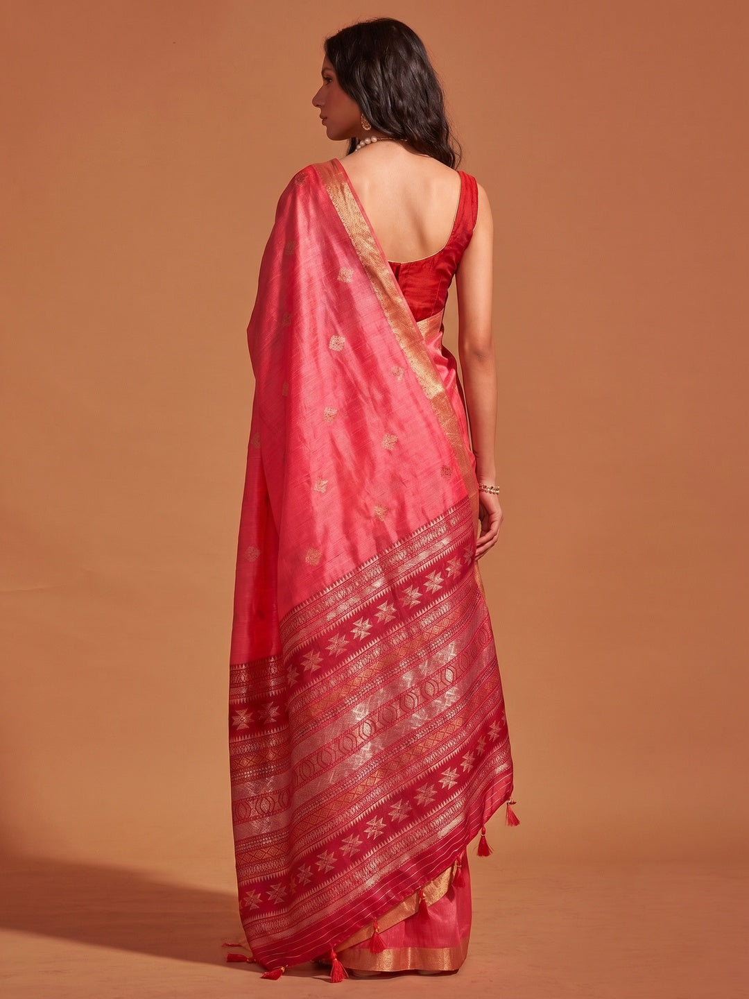 Gajri Pink Woven Art Silk Saree With Tassels - Image 1