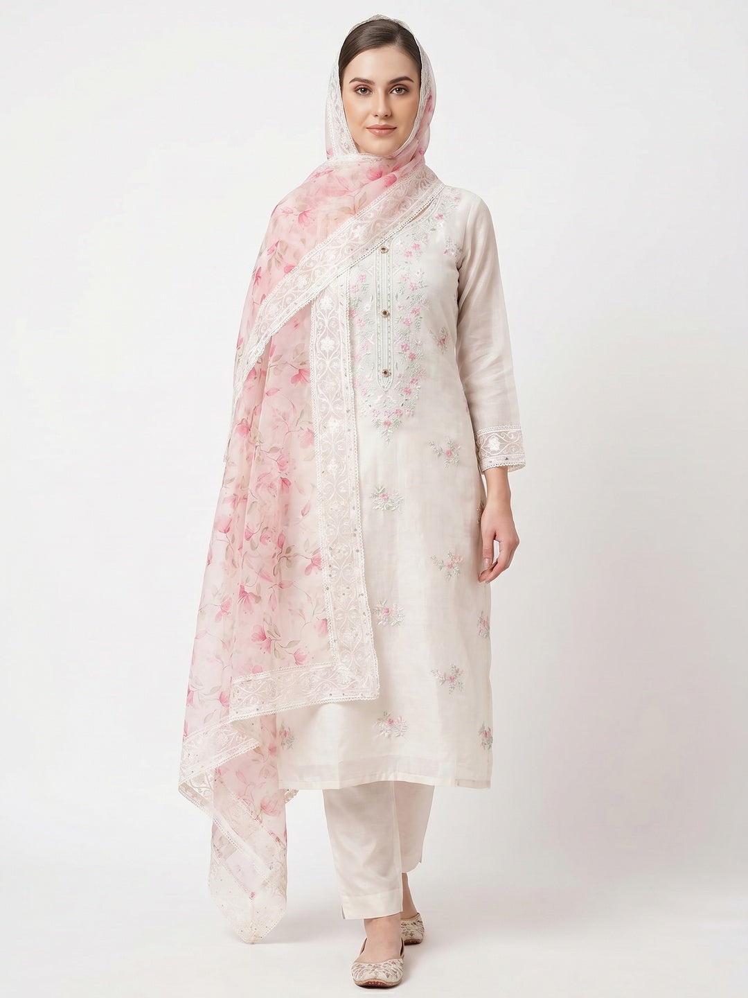 White Floral Embroidered Chanderi Silk Dress Material - Image 1