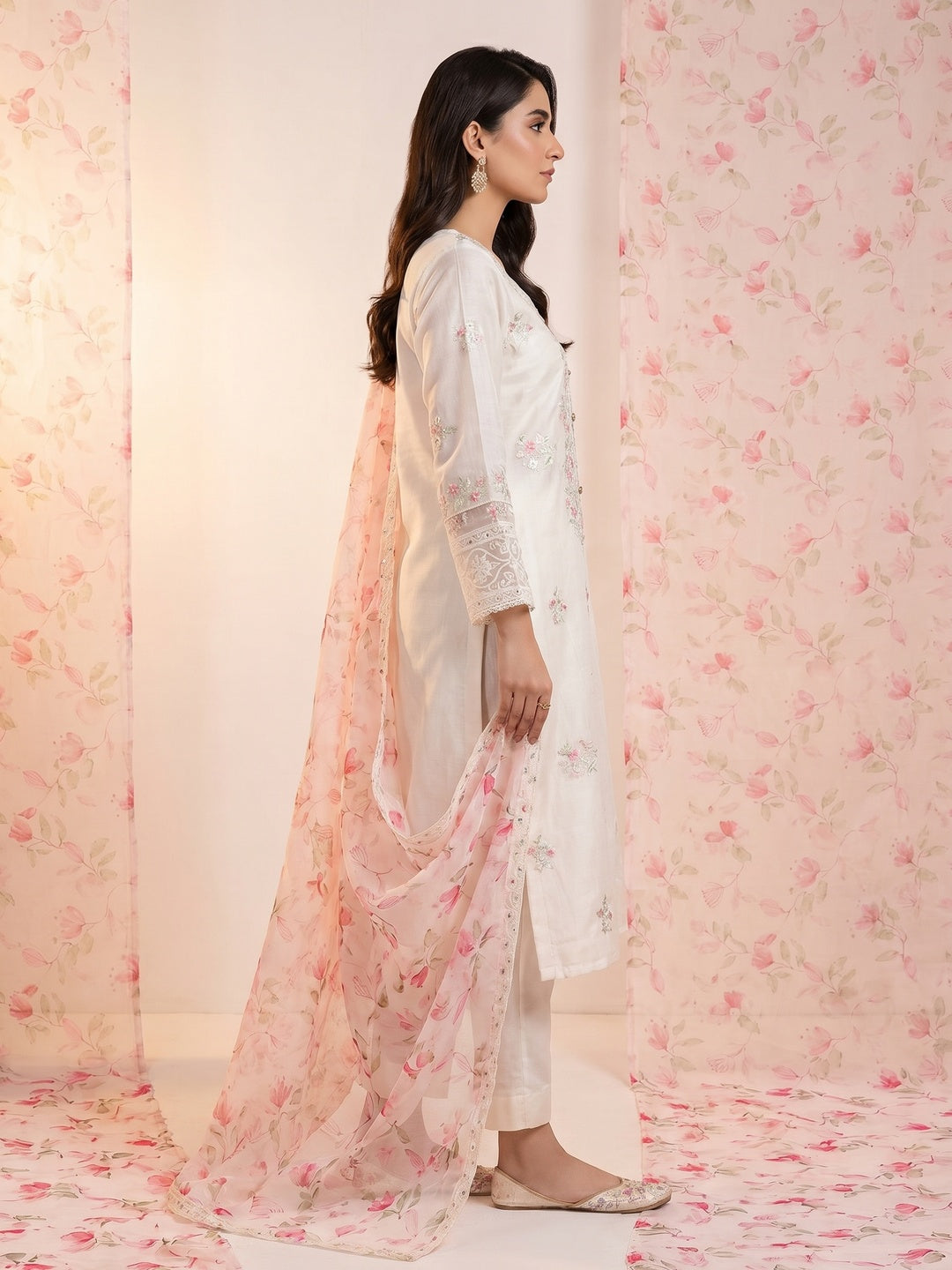 White Floral Embroidered Chanderi Silk Dress Material - Image 3