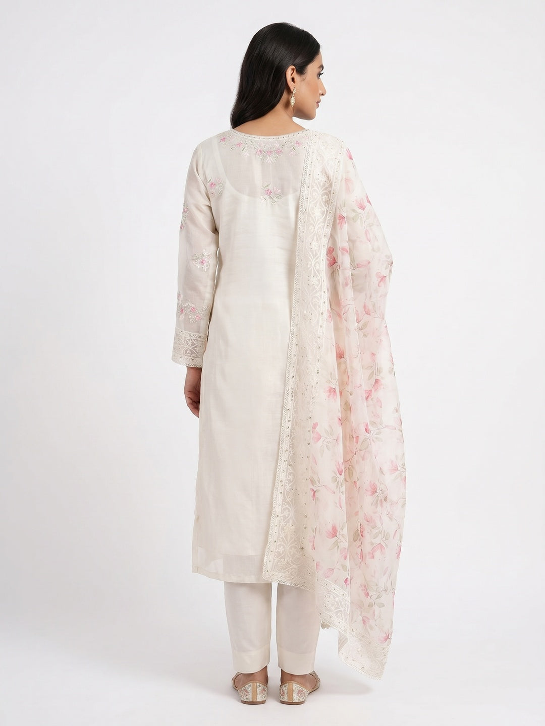 White Floral Embroidered Chanderi Silk Dress Material - Image 2
