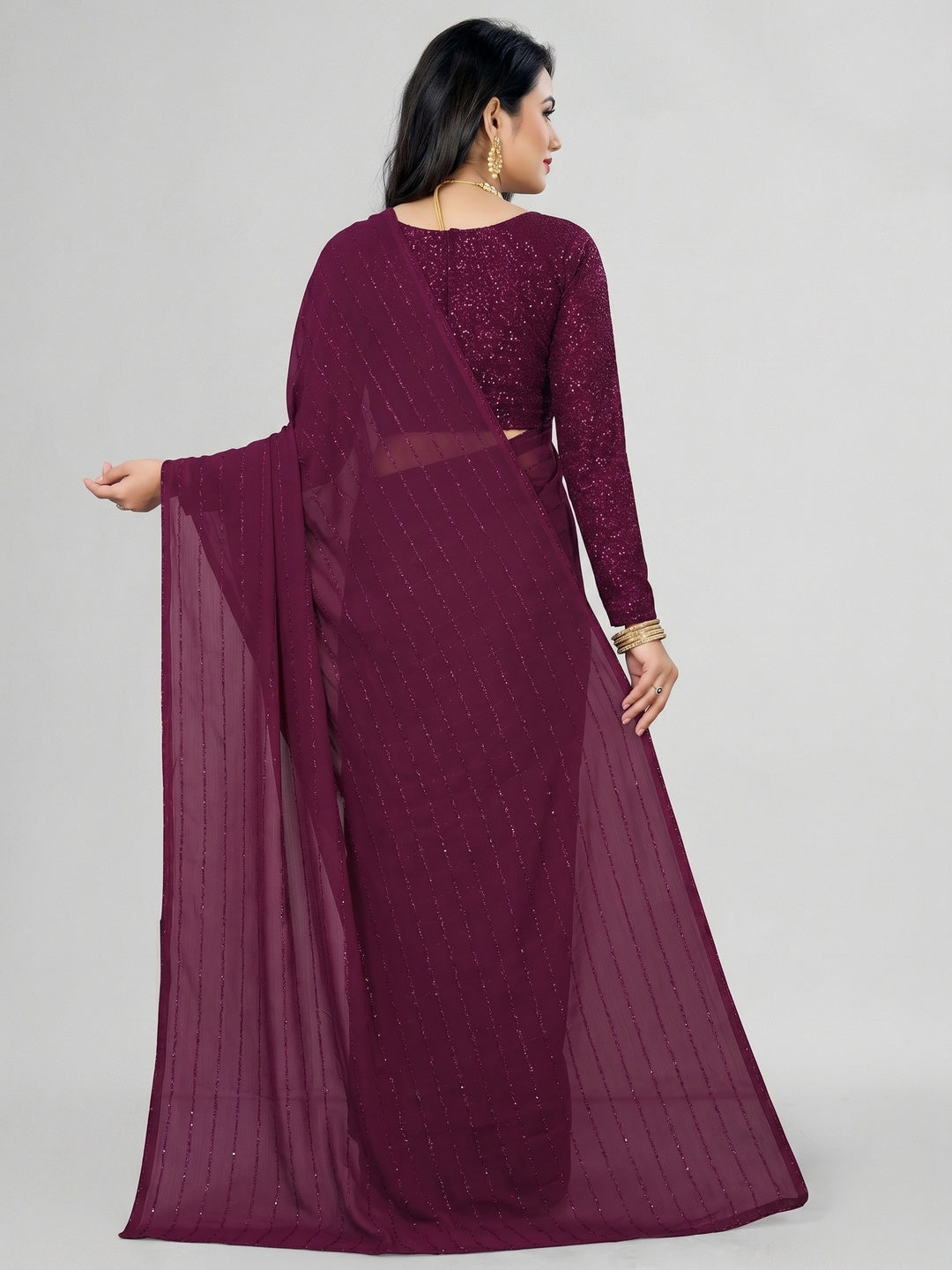 Purple Woven Chiffon Saree with Tassels - Image 1