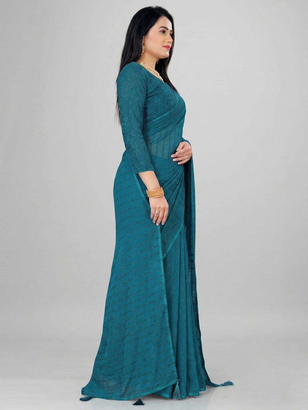 Teal Woven Chiffon Saree with Tassels - Image 1