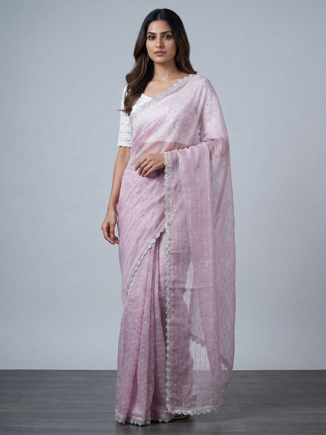 Pink Sequins Embroidered Organza Saree - Image 1