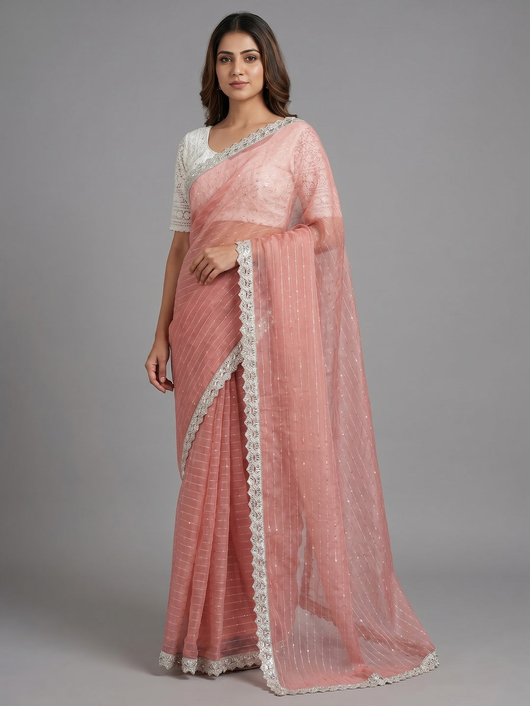 Peach Sequins Embroidered Organza Saree - Image 1