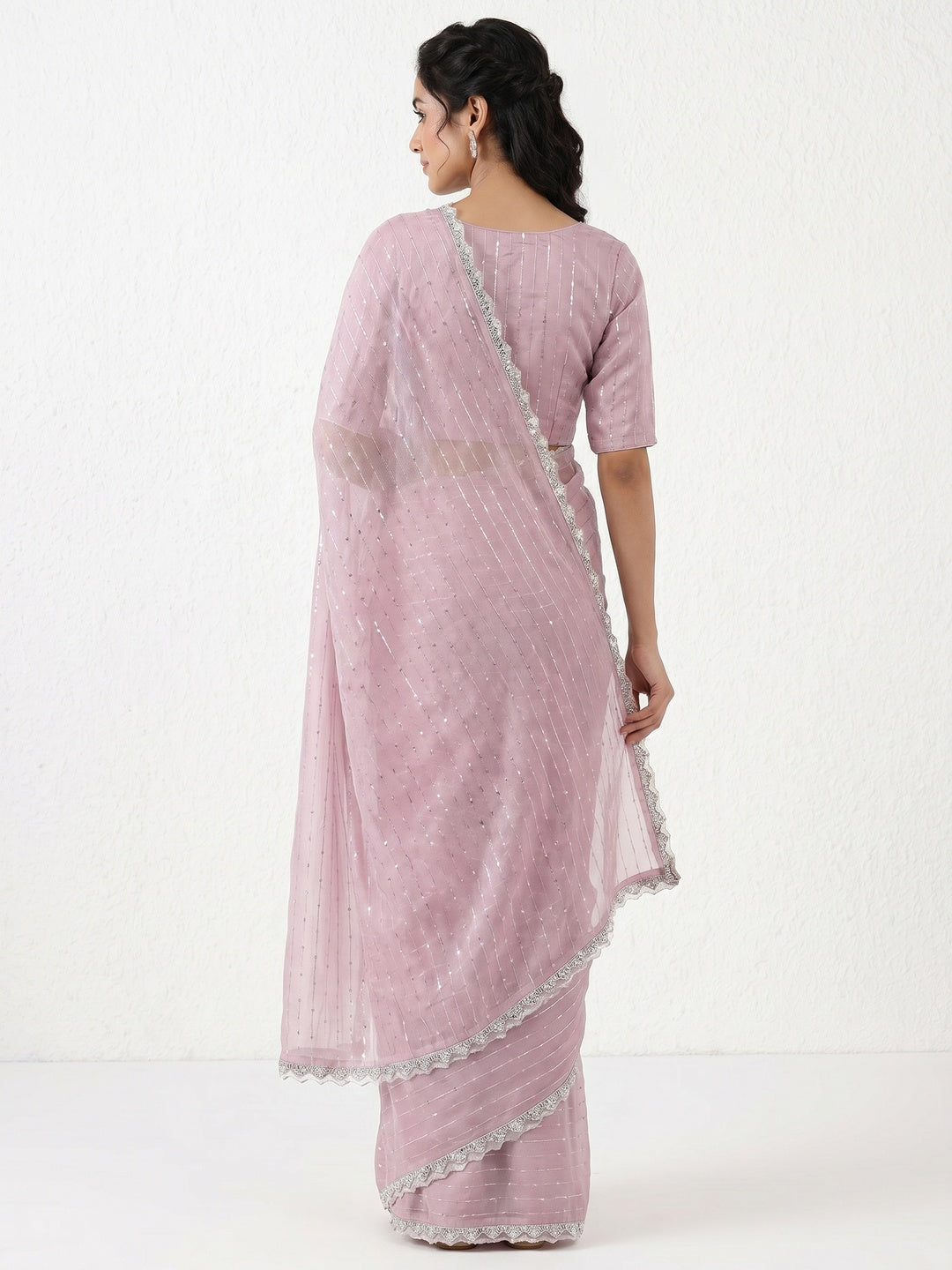Pink Sequins Embroidered Organza Saree - Image 2
