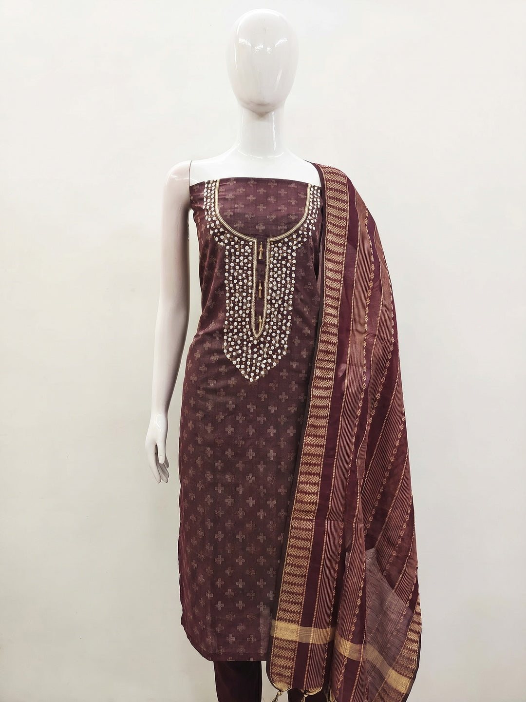 Wine Woven With Handwork Cotton Blend Dress Material - Image 3
