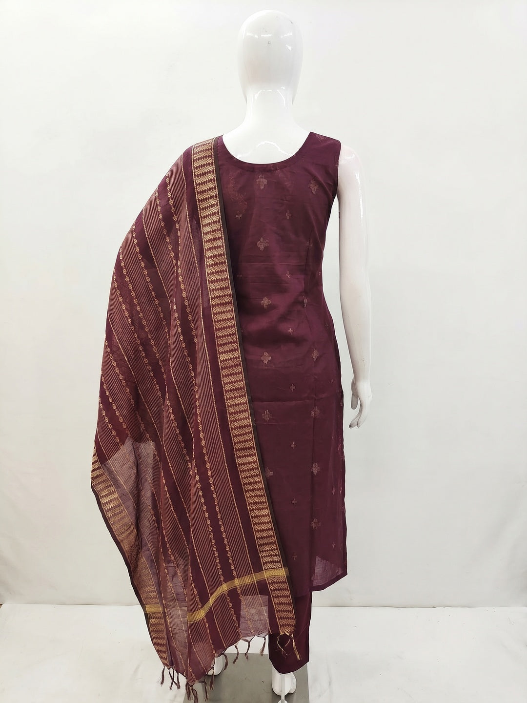Wine Woven With Handwork Cotton Blend Dress Material - Image 2