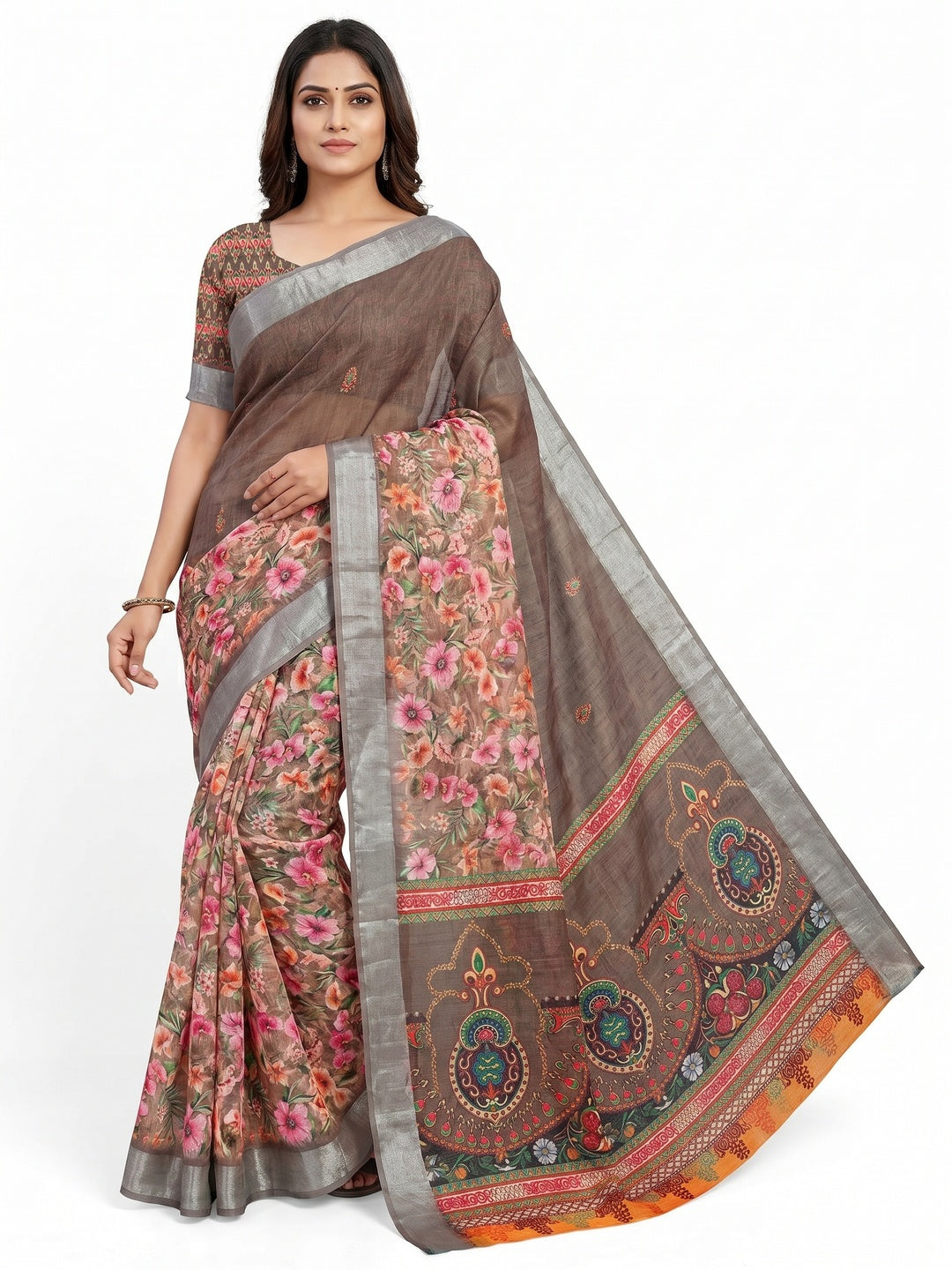 Brown Floral Digital Printed Linen Saree - Image 1