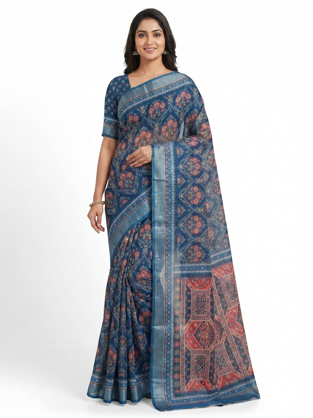 Blue Floral Digital Printed Linen Saree - Image 1
