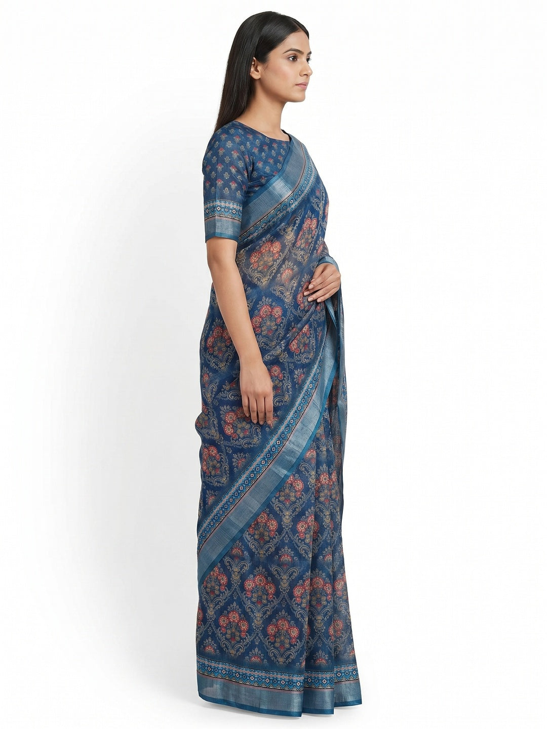 Blue Floral Digital Printed Linen Saree - Image 3