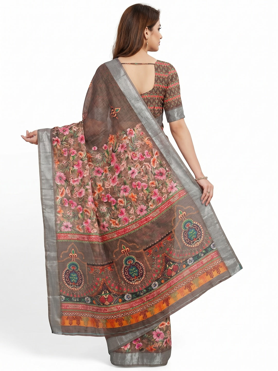Brown Floral Digital Printed Linen Saree - Image 2