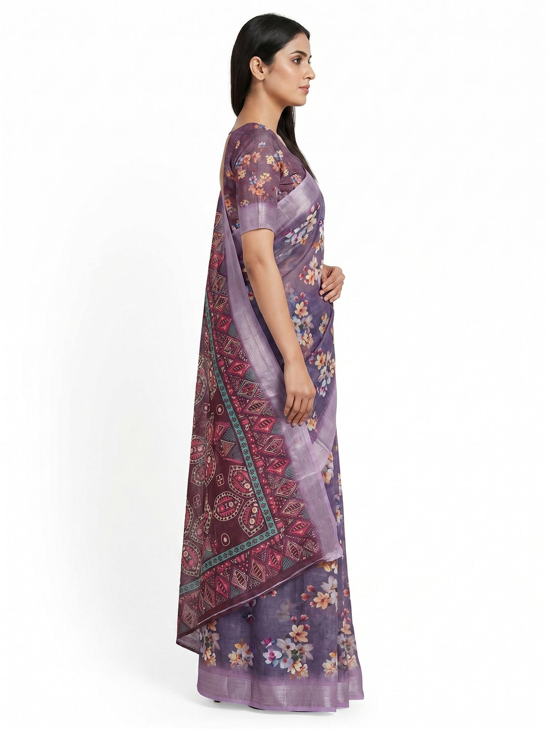 Purple Floral Digital Printed Linen Saree - Image 2
