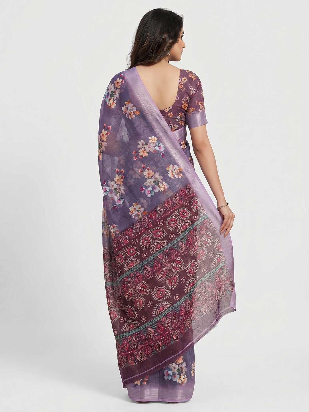 Purple Floral Digital Printed Linen Saree - Image 3