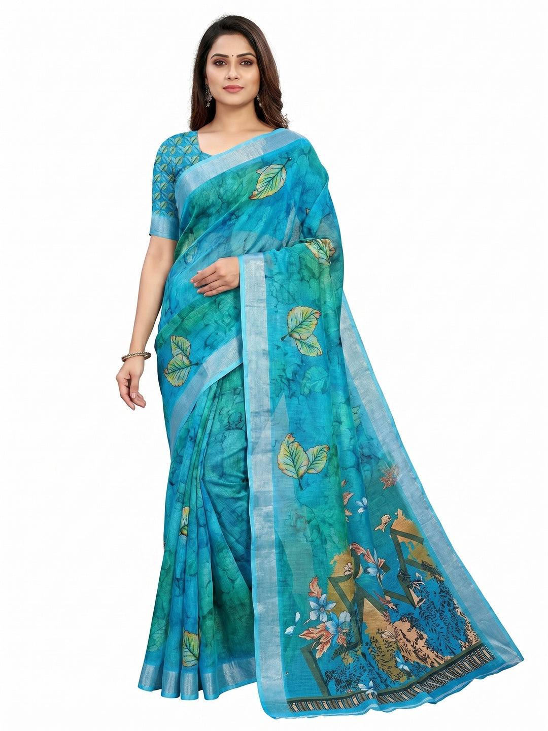 Blue Floral Digital Printed Linen Saree - Image 1