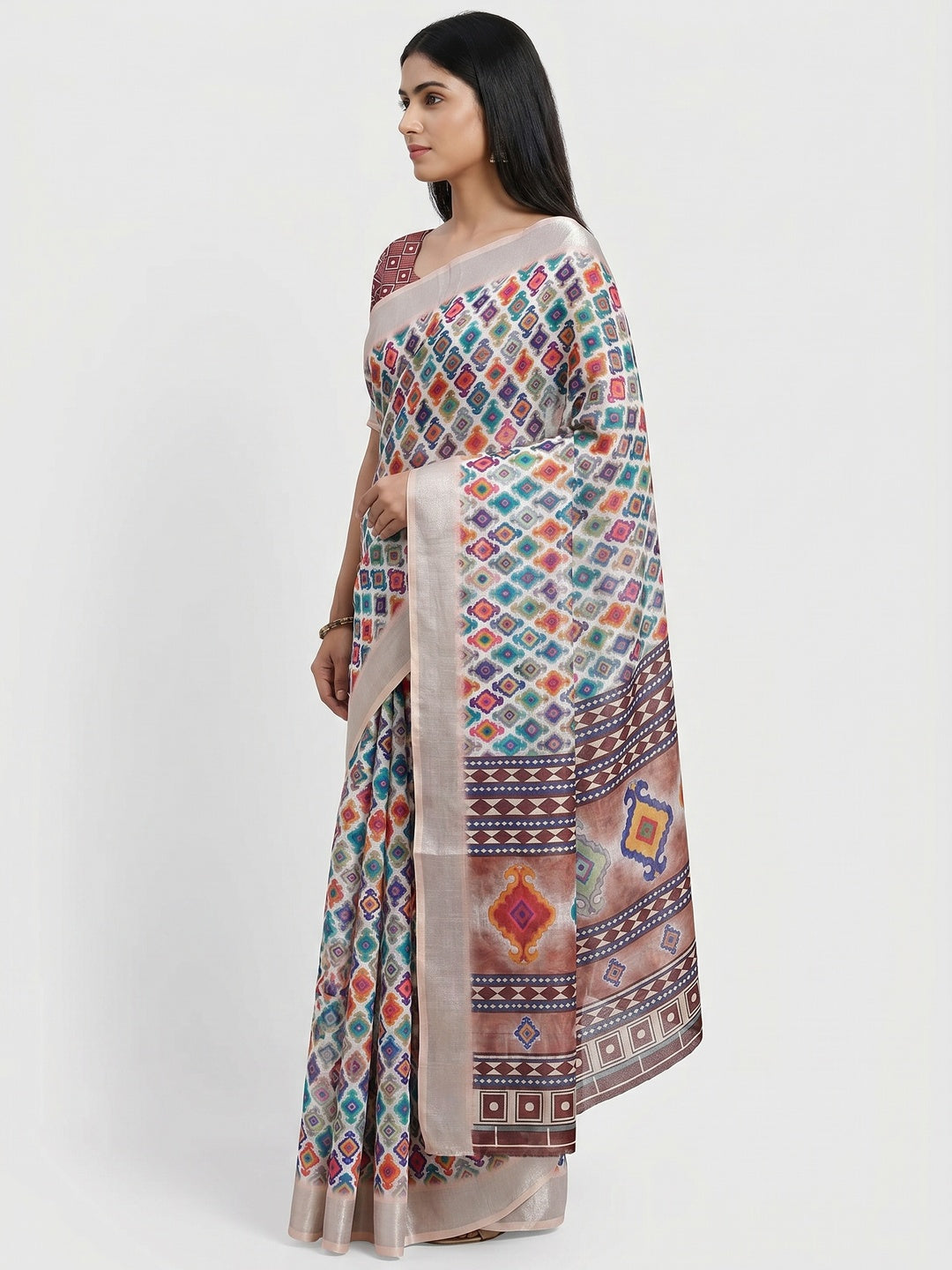 White Digital Printed Linen Saree - Image 2