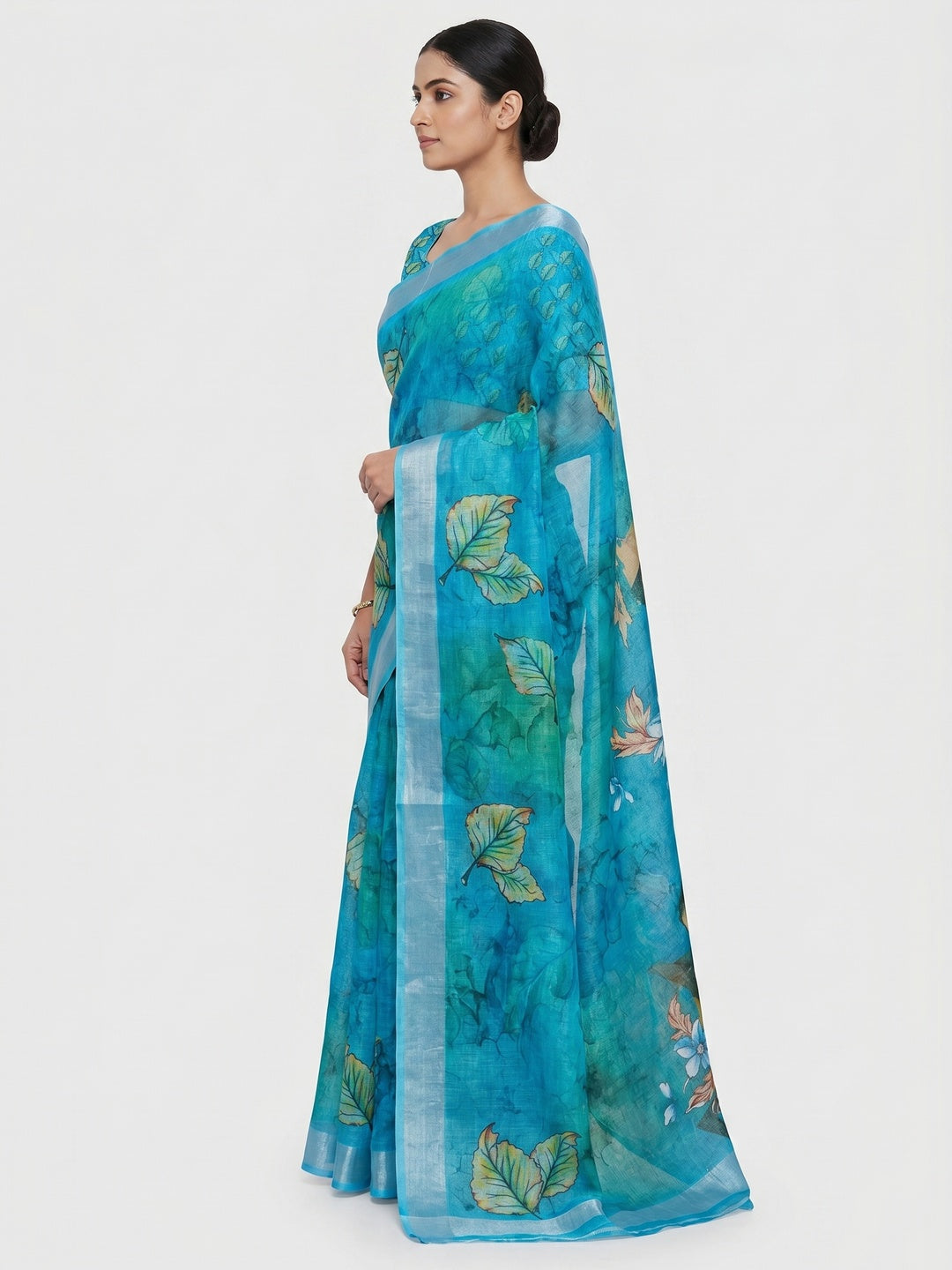 Blue Floral Digital Printed Linen Saree - Image 3