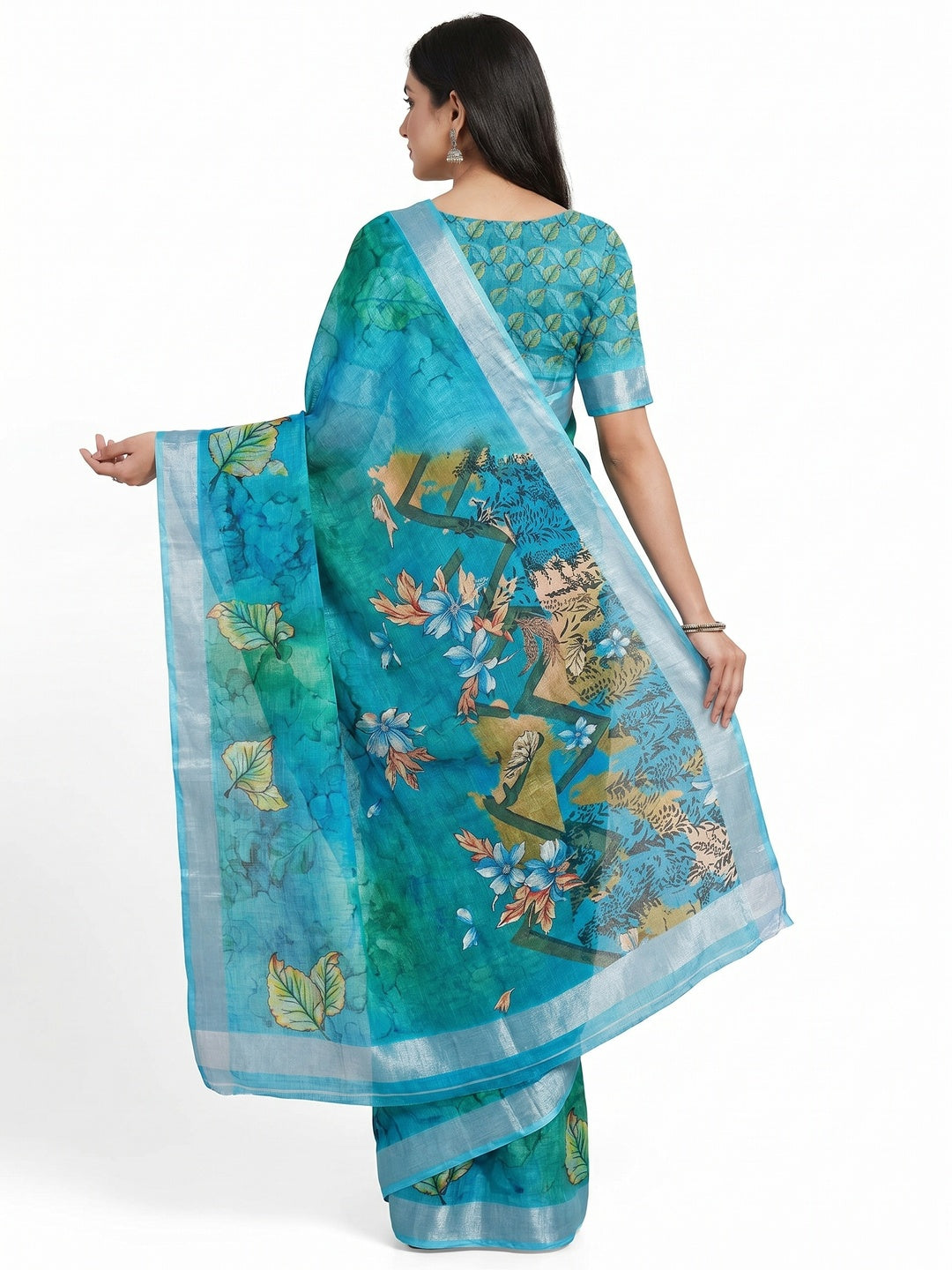 Blue Floral Digital Printed Linen Saree - Image 2