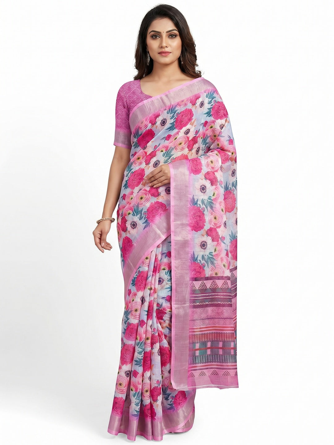 Pink Floral Digital Printed Linen Saree - Image 1