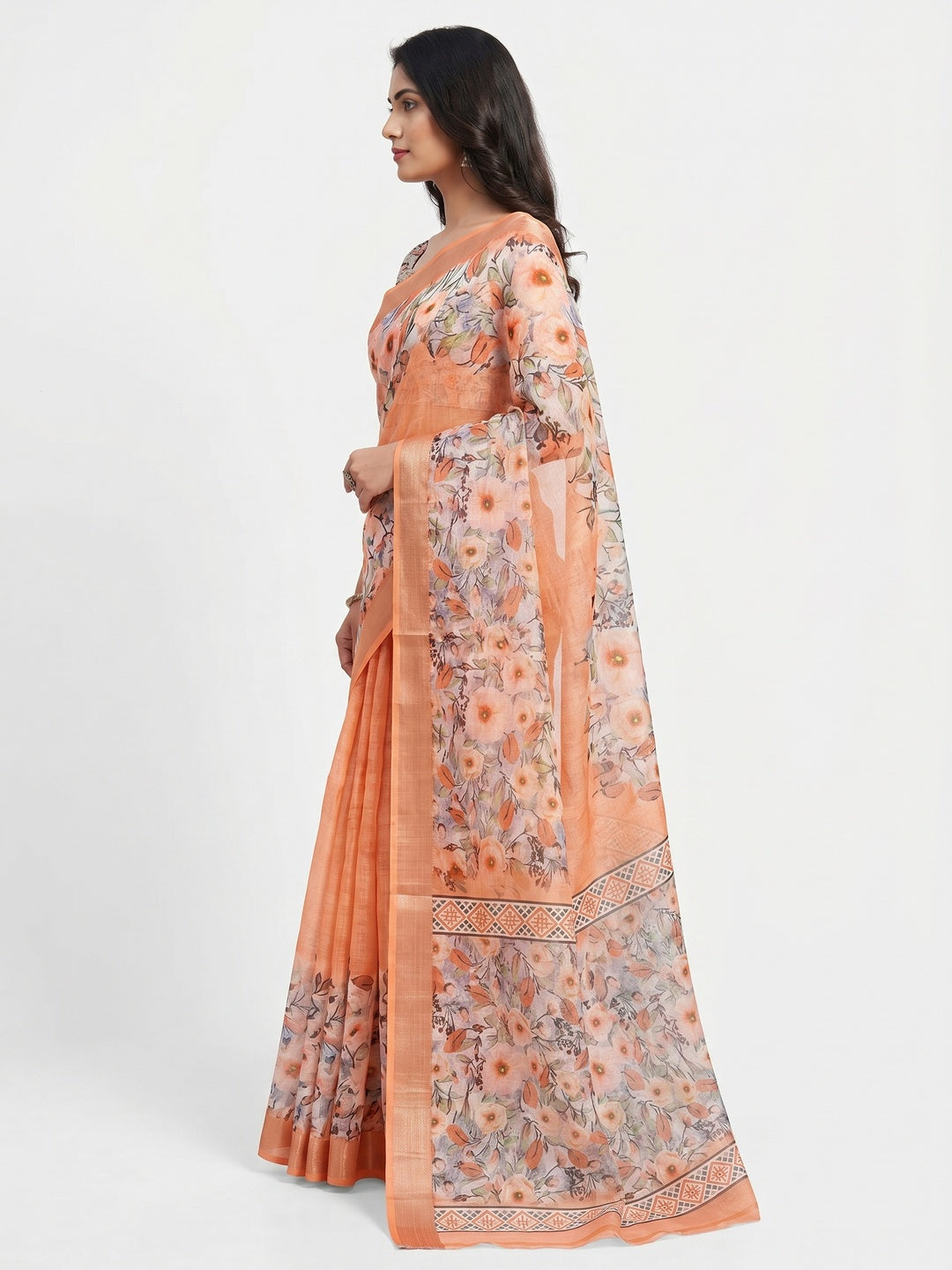 Light Orange Floral Digital Printed Linen Saree - Image 2