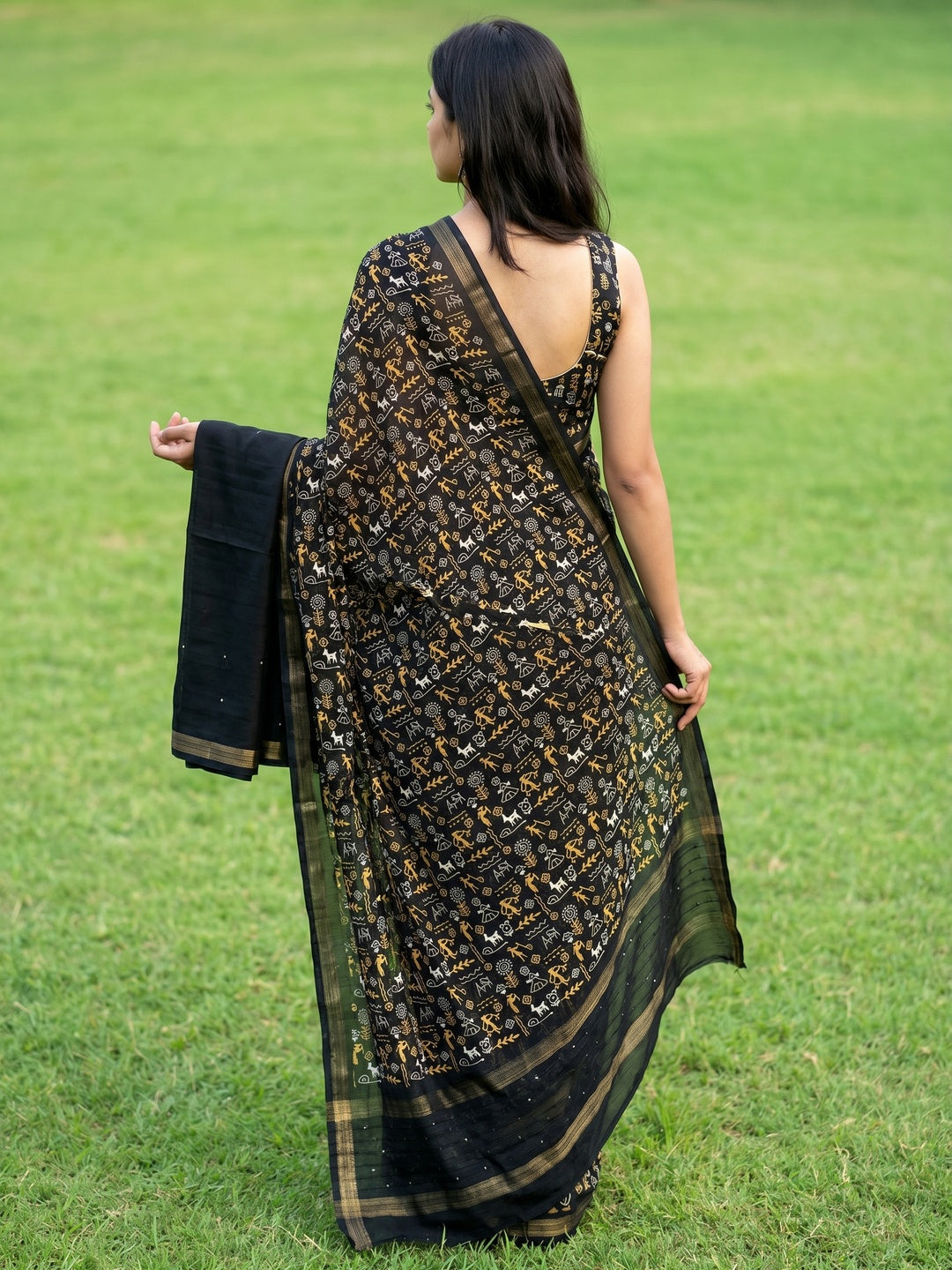 Black Warli Printed Georgette Saree - Image 3