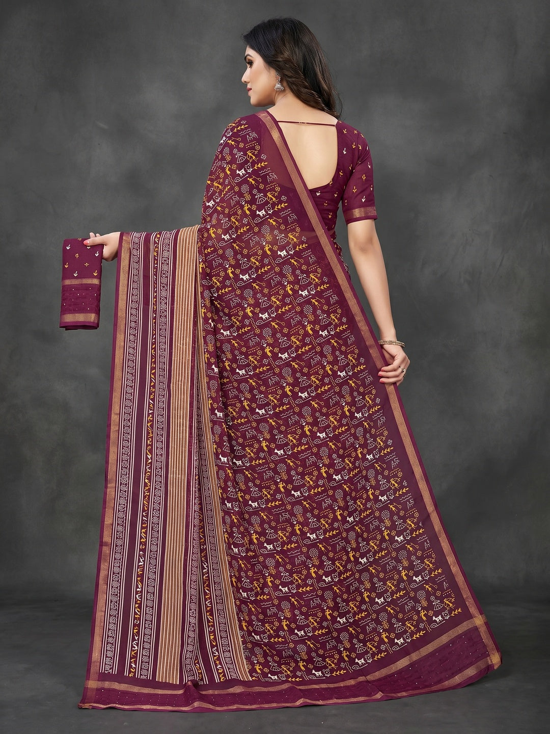 Wine Warli Printed Georgette Saree - Image 3