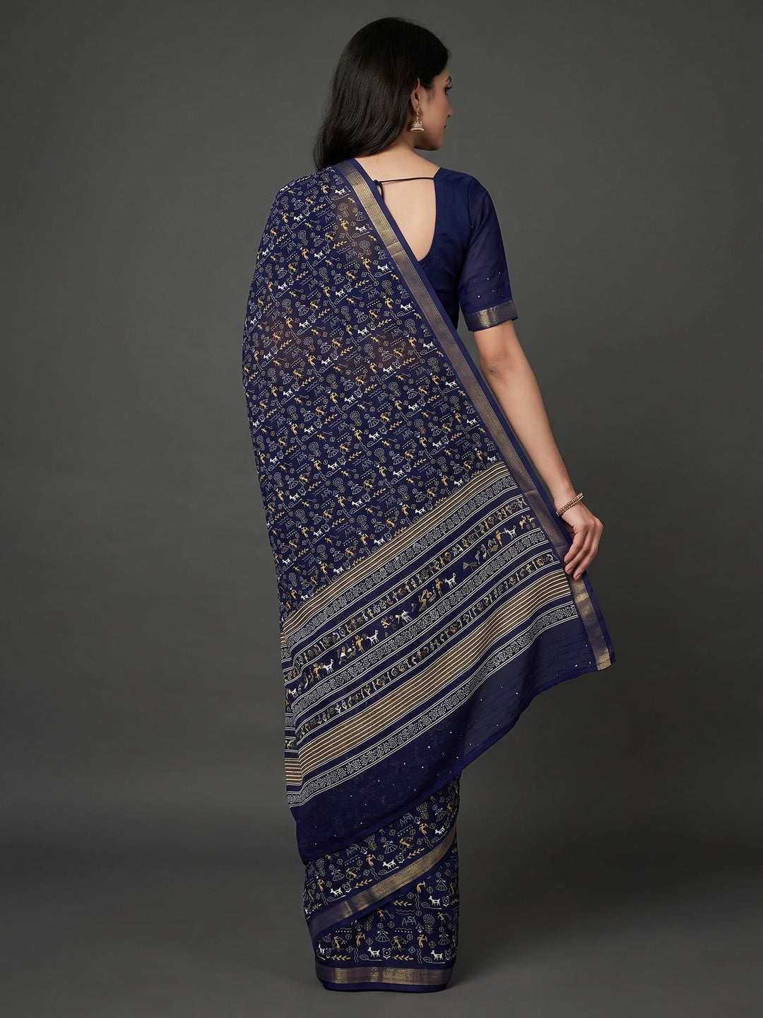 Navy Blue Warli Printed Georgette Saree - Image 3