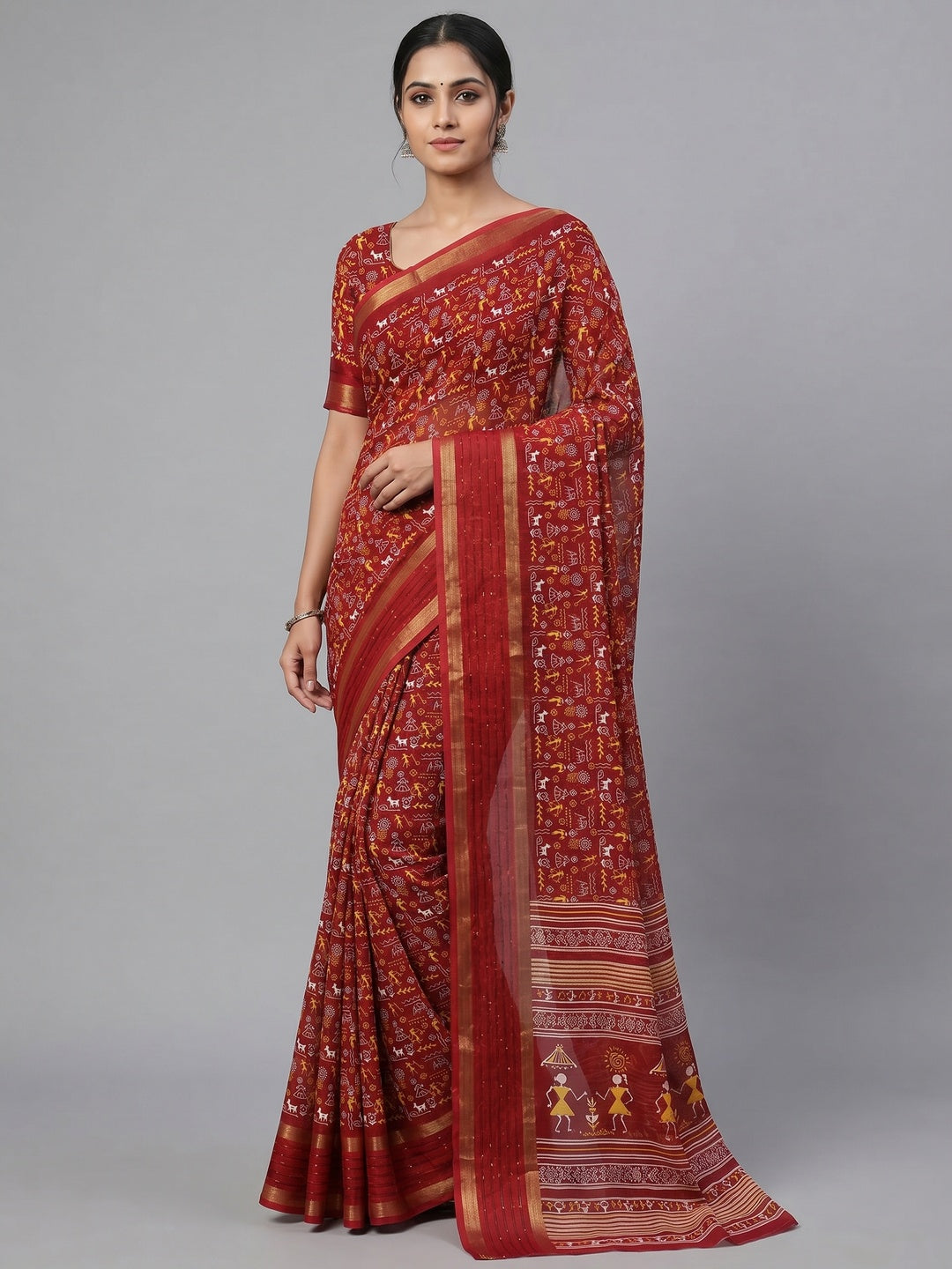 Maroon Warli Printed Georgette Saree - Image 1