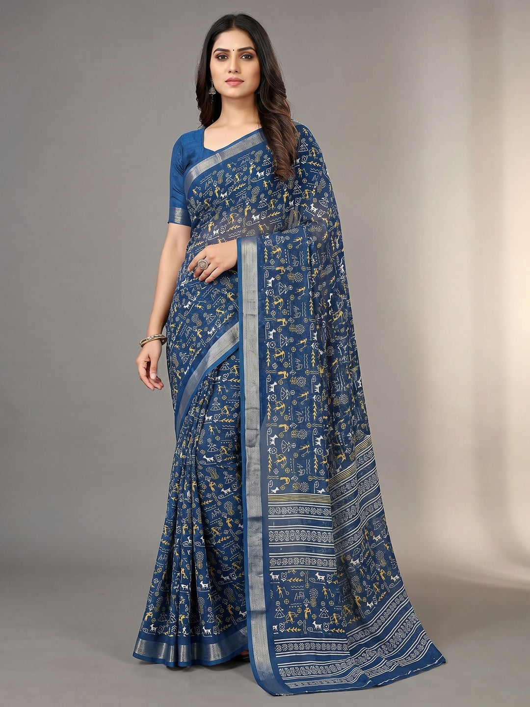 Teal Warli Printed Georgette Saree - Image 1