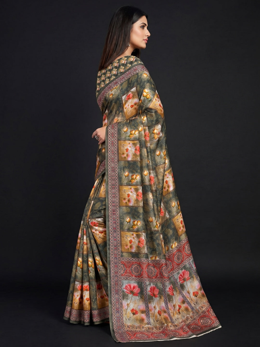 Grey Floral Printed Art Silk Saree - Image 3