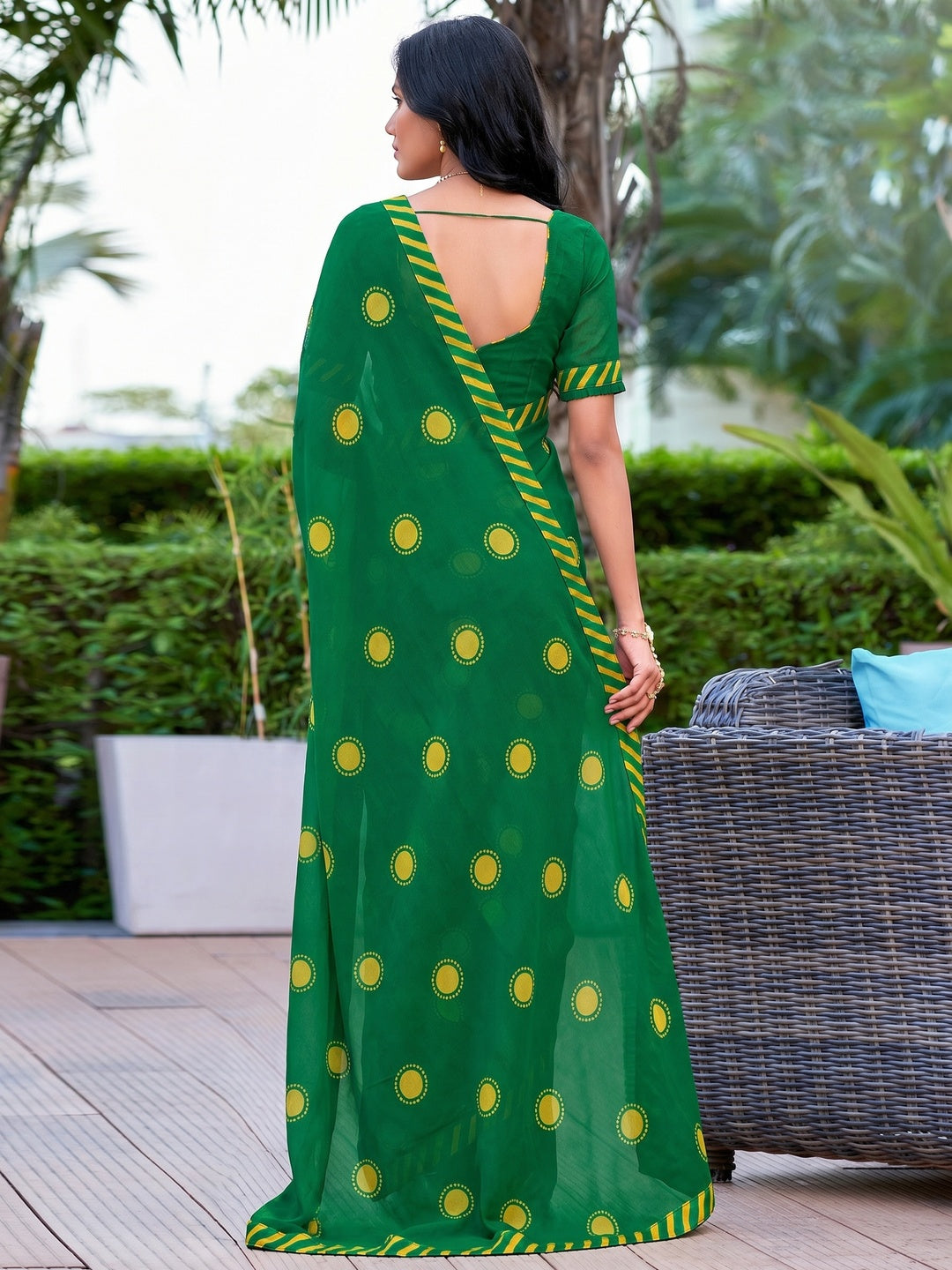 Dark Green Printed Georgette Saree - Image 2
