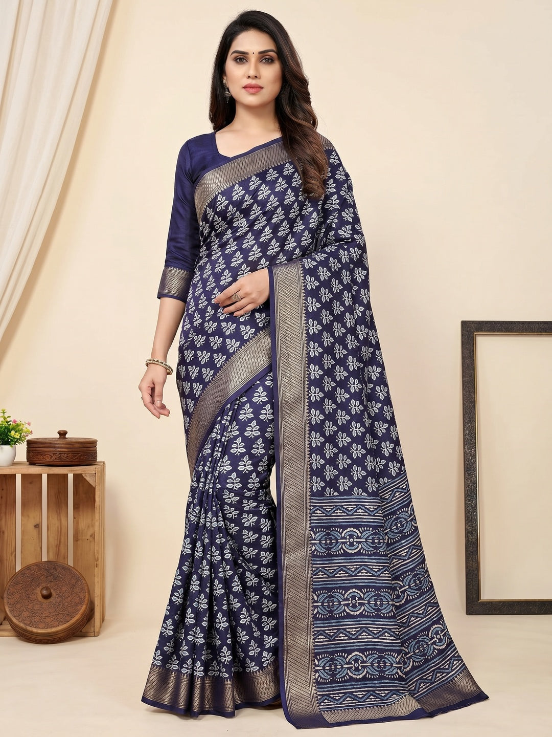 Blue Floral Printed Dola Silk Saree - Image 1