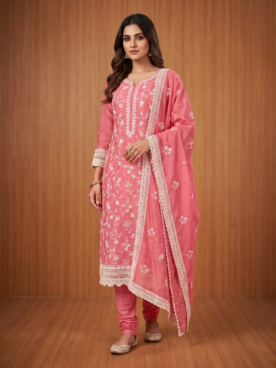Gajari Pink Floral Embroidered Chanderi Cotton Dress Material - Image 1