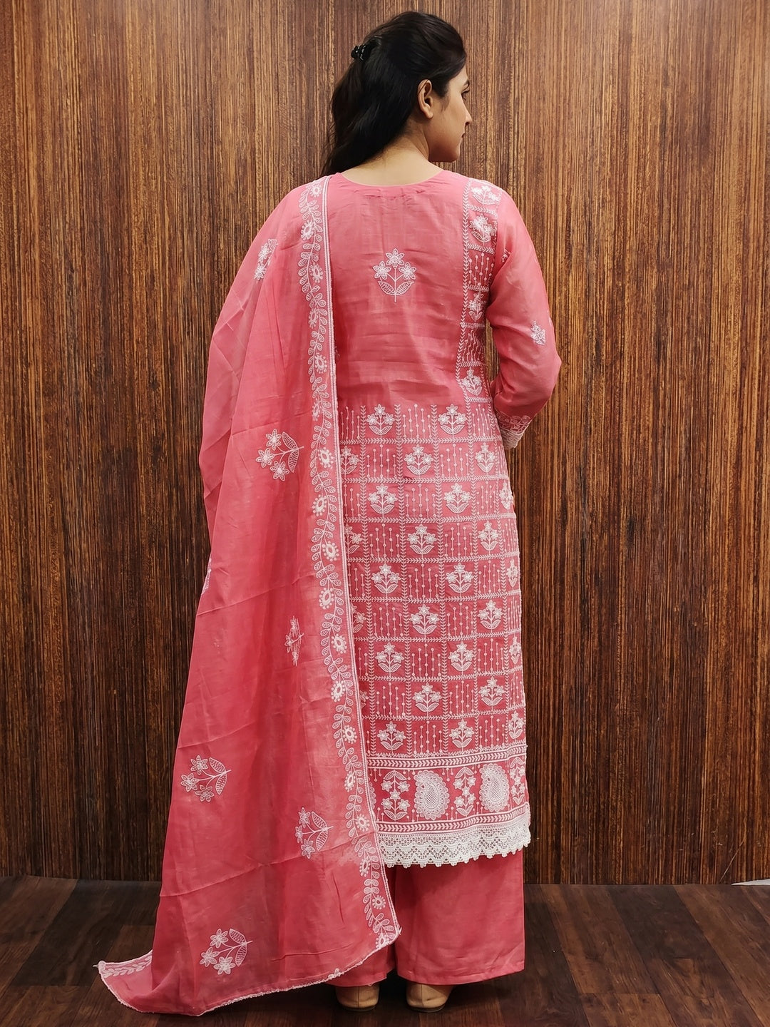 Gajari Pink Floral Embroidered Chanderi Cotton Dress Material - Image 2